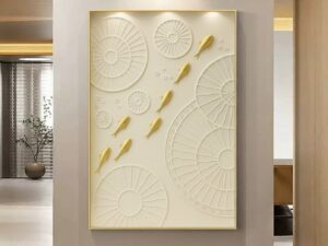 Golden Fish Flow 3D Wall Panel – Minimal Modern Bas Relief Art